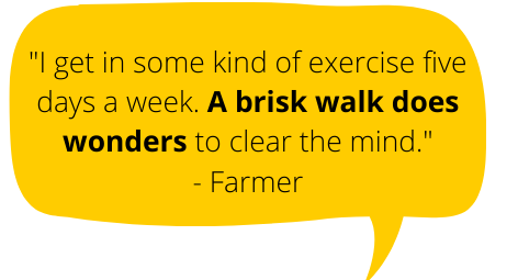 Yellow bubble with text "I also get in some kind of exercise five days a week. A brisk walk does wonders for clearing the mind"