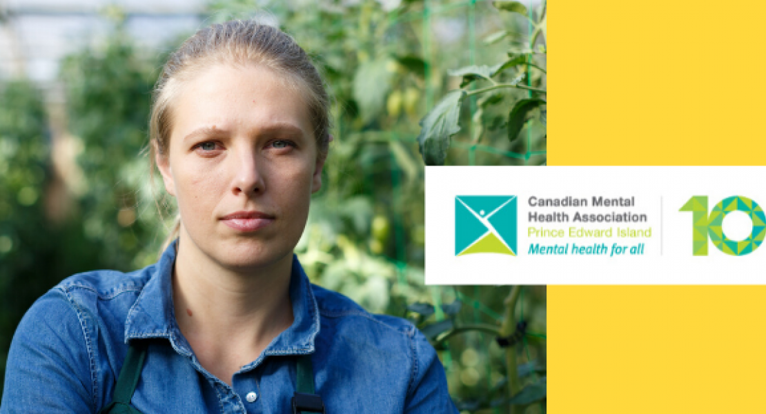 Image of female farmer in green house setting with CMHA logo