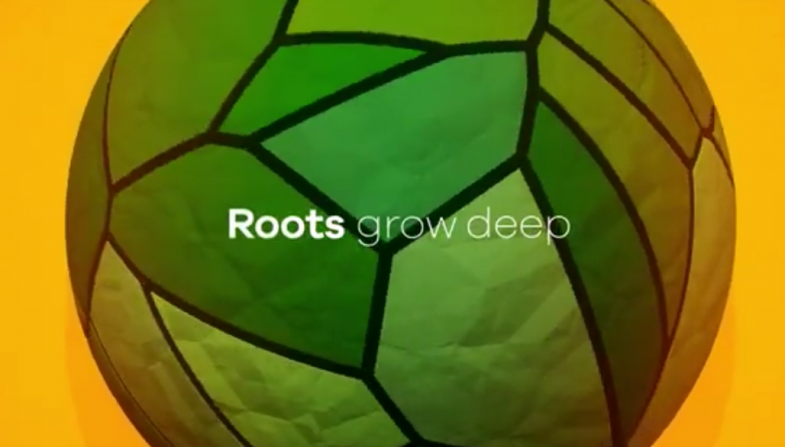 Screenshot of rotating patchwork ball with title of "Roots run deep..."