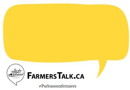 Yellow talking bubble with FarmersTalk.ca logo