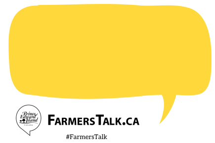 Yellow talking bubble with FarmersTalk.ca logo